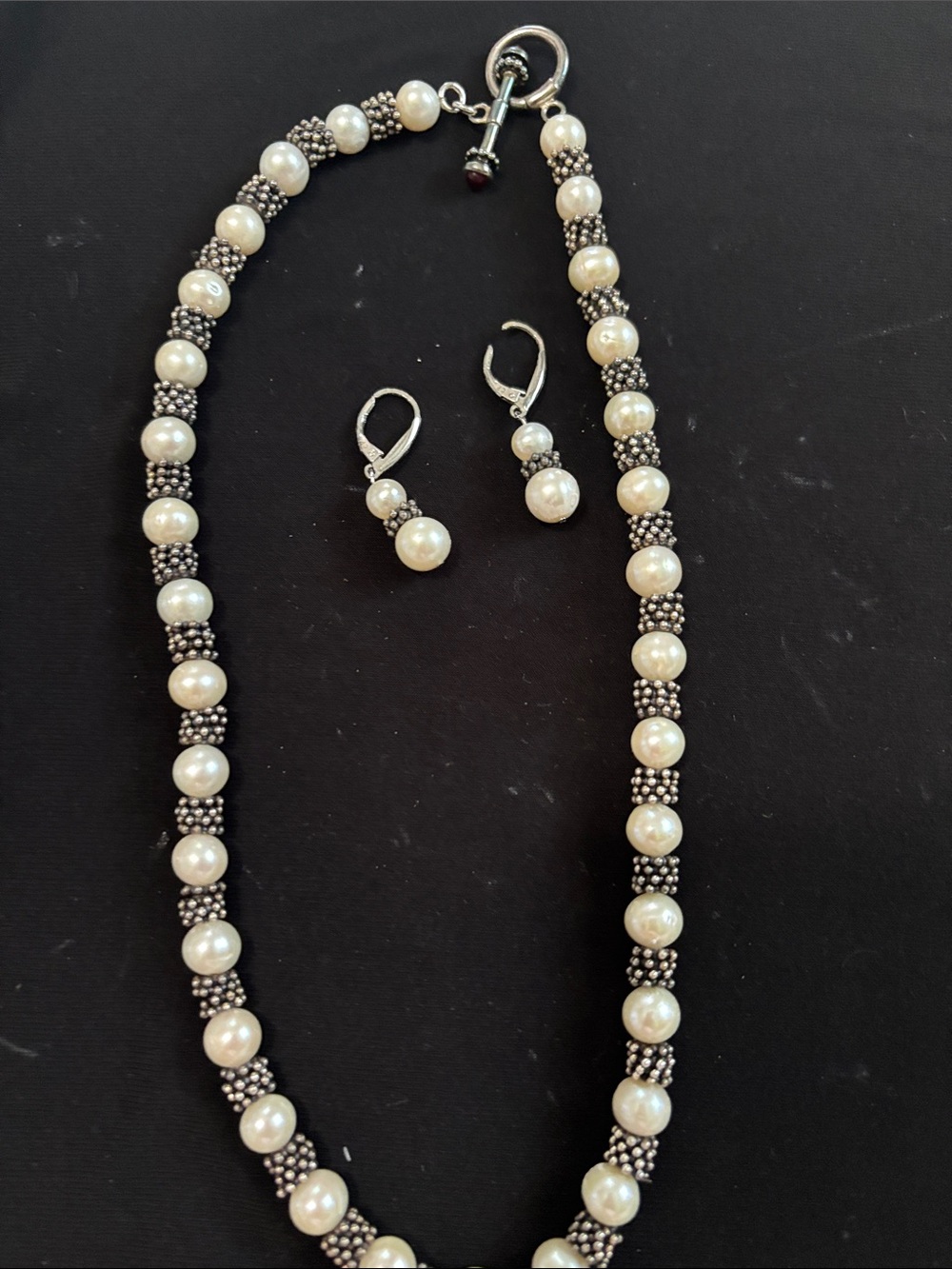 Pearl and Silver-Bead Necklace with Matching Pearl Drop Earrings - Ivory